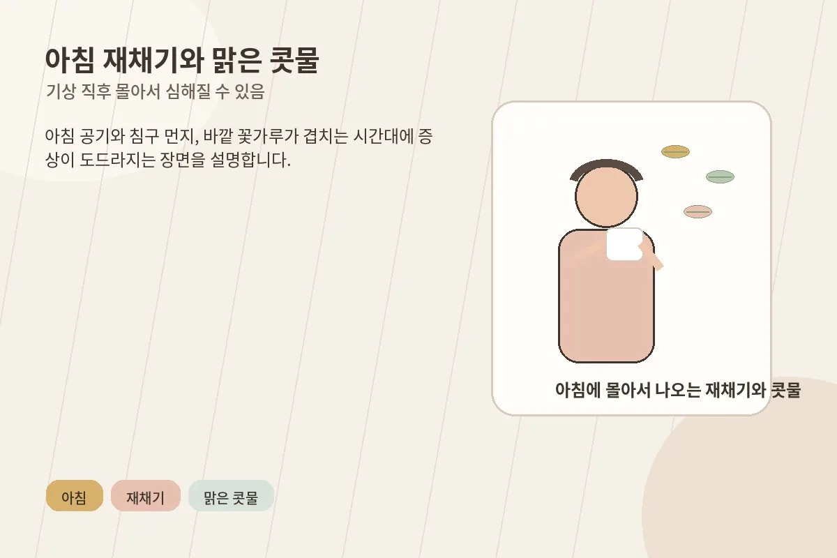 아침에 재채기와 맑은 콧물이 몰려오는 장면을 설명하는 이미지