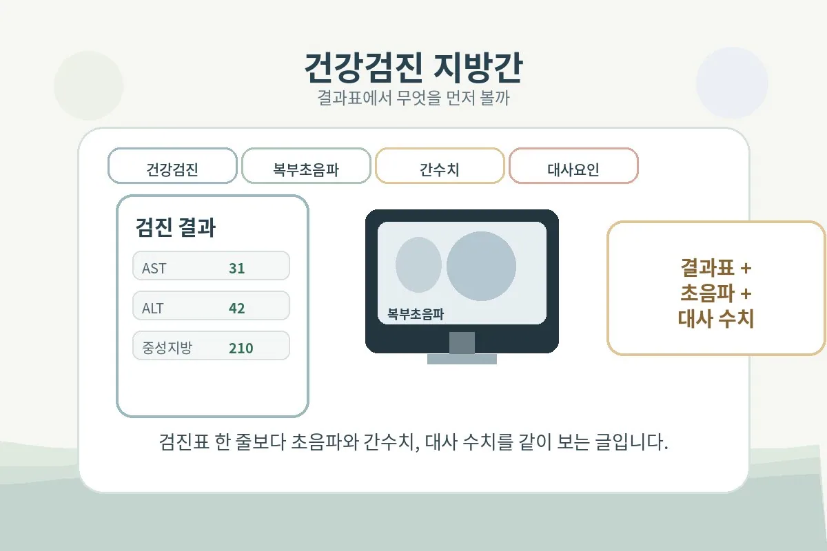 건강검진 지방간 결과표와 복부초음파 이미지를 함께 보며 지방간 소견을 확인하는 장면