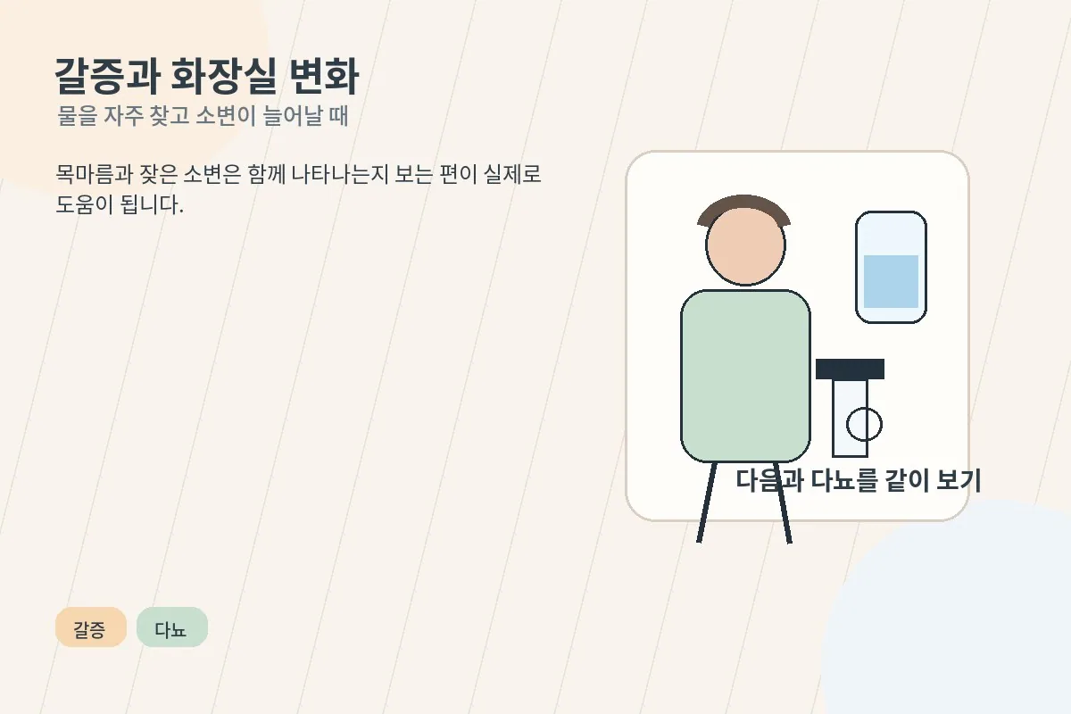 물을 자주 마시고 화장실을 반복해서 찾는 모습을 정리한 안내 이미지