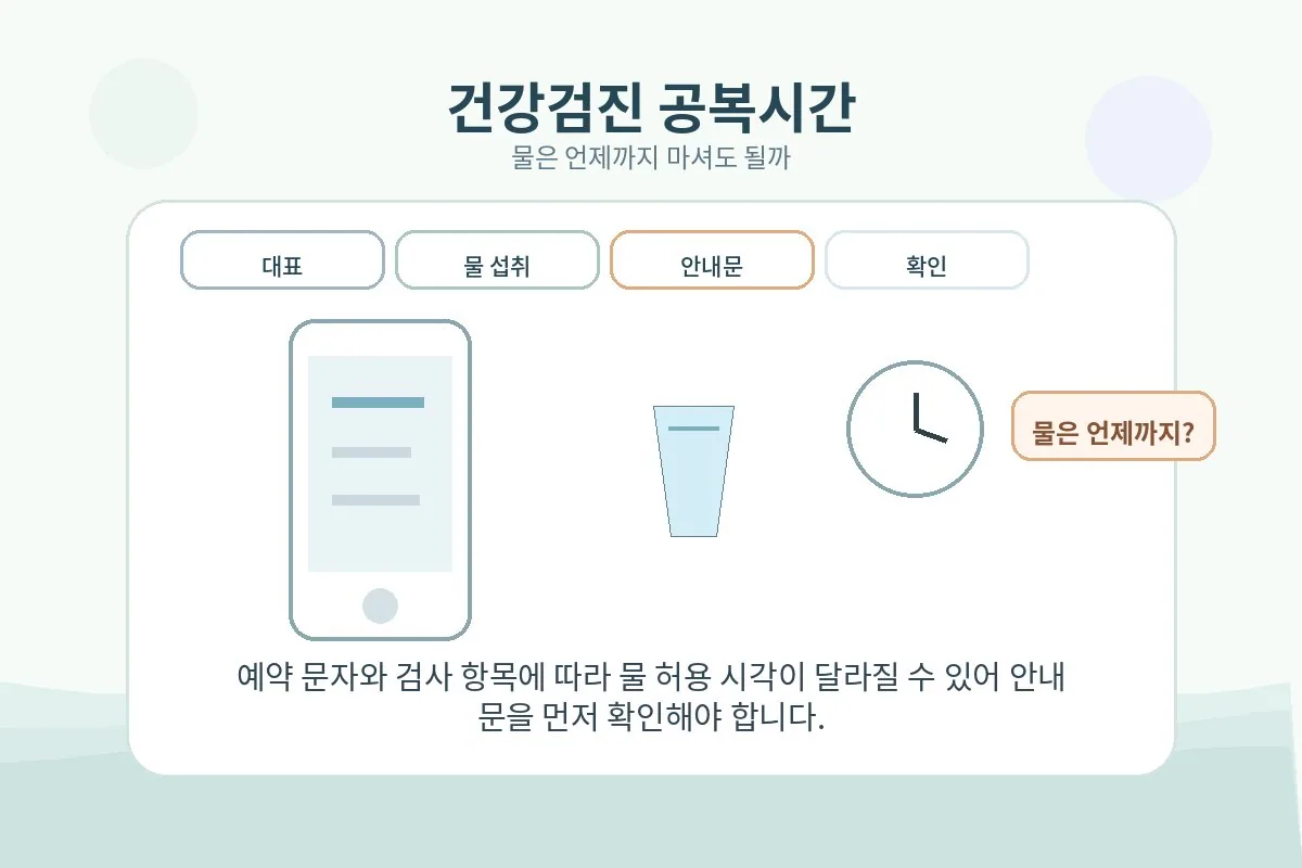 건강검진 전 공복과 물 섭취 시각 확인 포인트를 안내형 일러스트로 정리한 대표 이미지