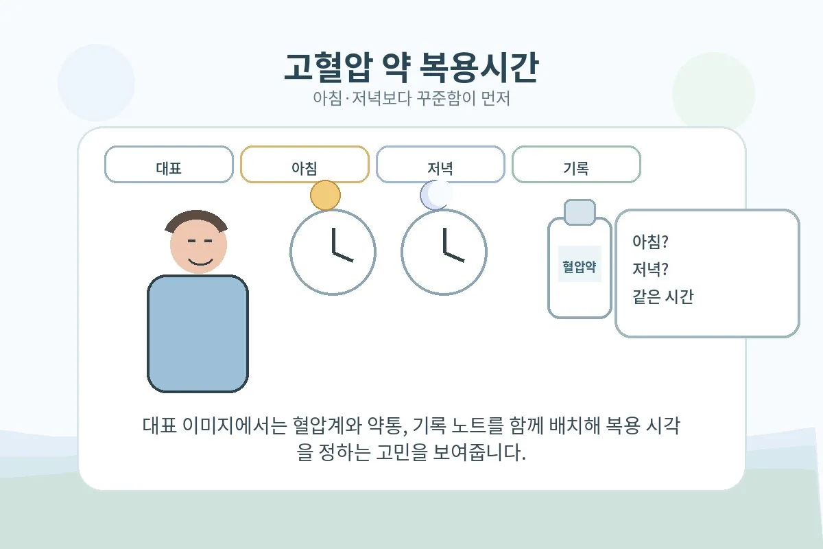 아침과 저녁 복용 시간을 고민하며 혈압계와 약통, 기록 노트를 함께 놓고 확인하는 장면