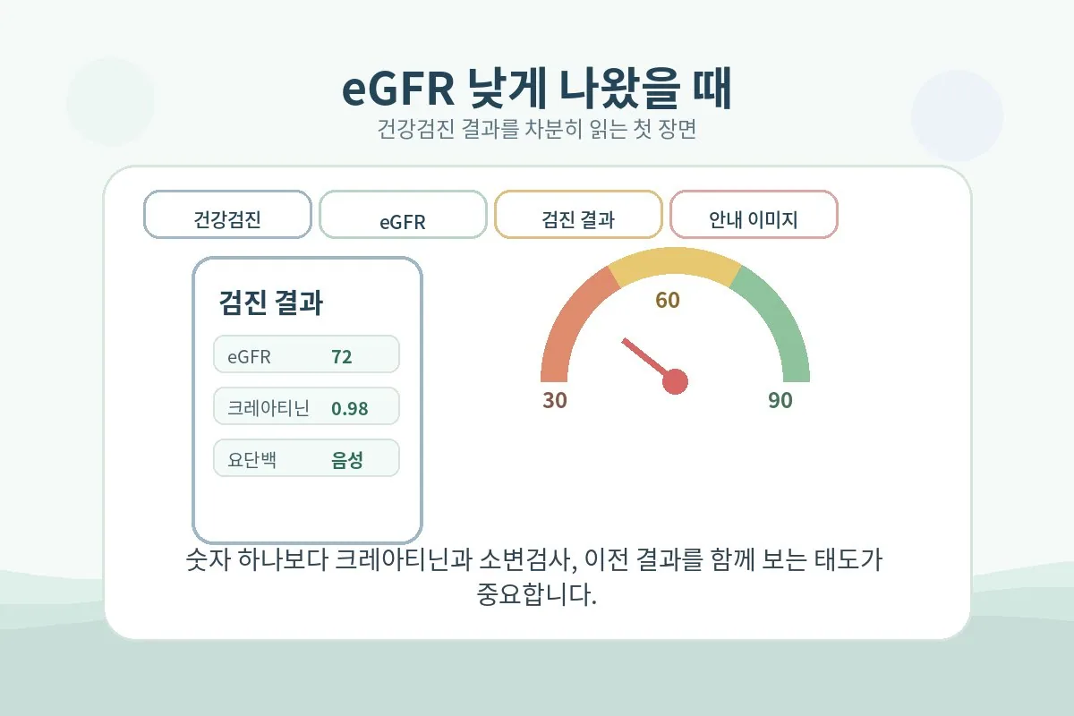 건강검진 결과지와 eGFR 숫자를 차분하게 확인하는 안내형 대표 이미지