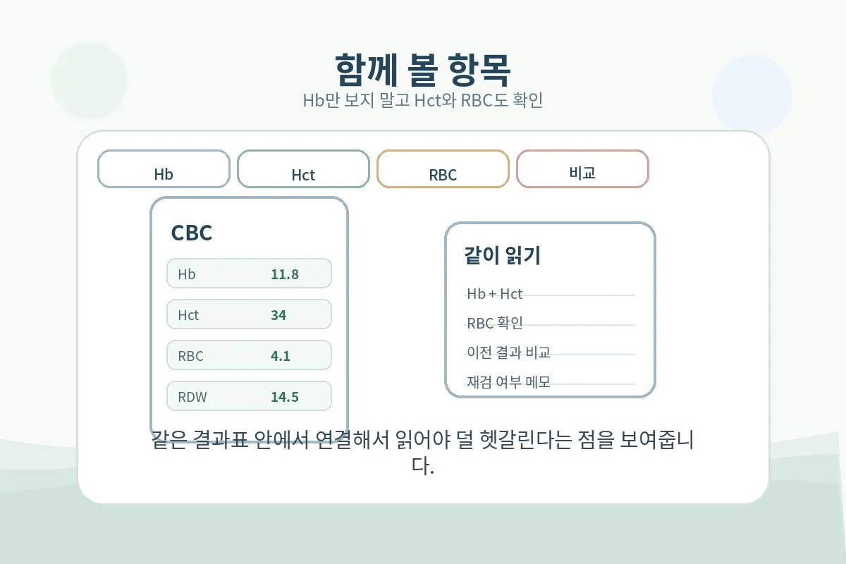 헤모글로빈과 헤마토크릿 적혈구 수를 한 장에서 함께 확인하는 장면