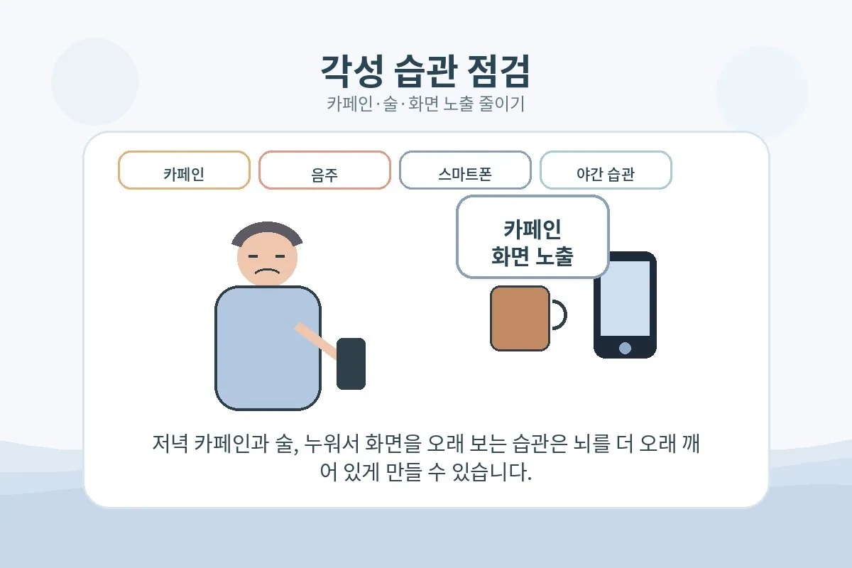 카페인과 술, 스마트폰 사용이 수면에 영향을 주는 장면
