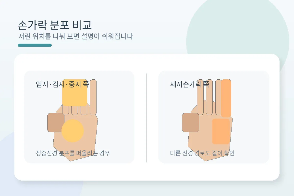 엄지 검지 중지와 새끼손가락 저림 위치 차이를 비교하는 안내 이미지