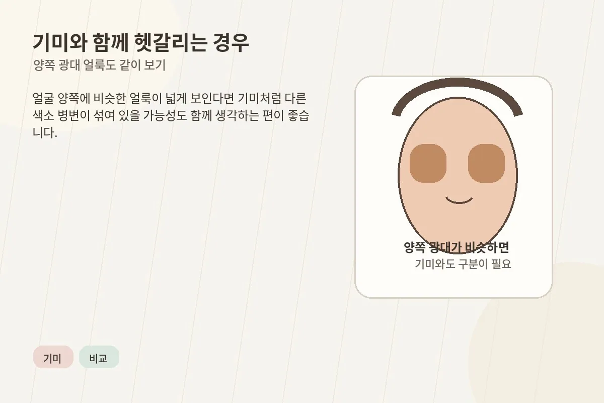 기미와 갈색 반점이 함께 보여 헷갈리는 상황을 설명하는 이미지