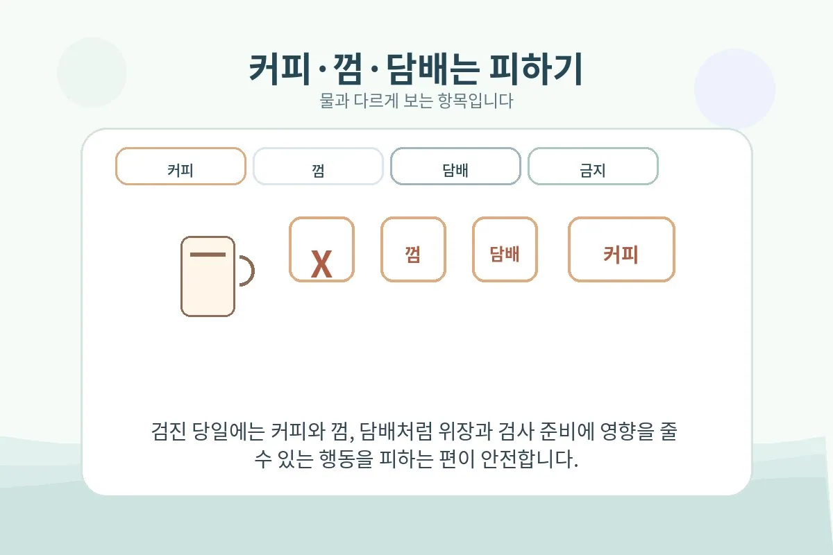 검진 당일 커피 껌 담배를 피하는 것이 안전하다는 점을 안내하는 이미지