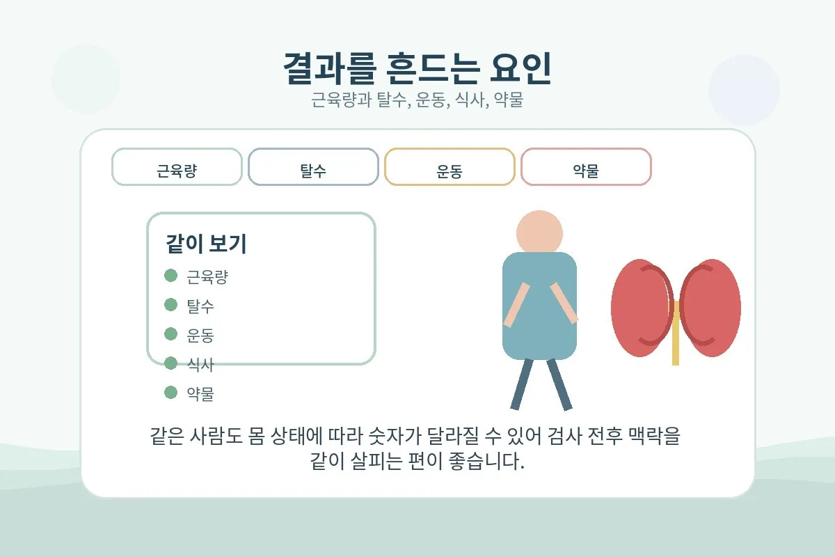 근육량 탈수 운동 약물 같은 검사값 영향 요인을 정리한 이미지