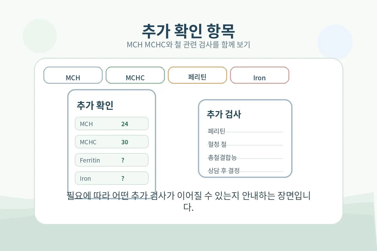 MCH MCHC와 페리틴 혈청철 같은 추가 검사를 연결해 보여주는 설명 이미지