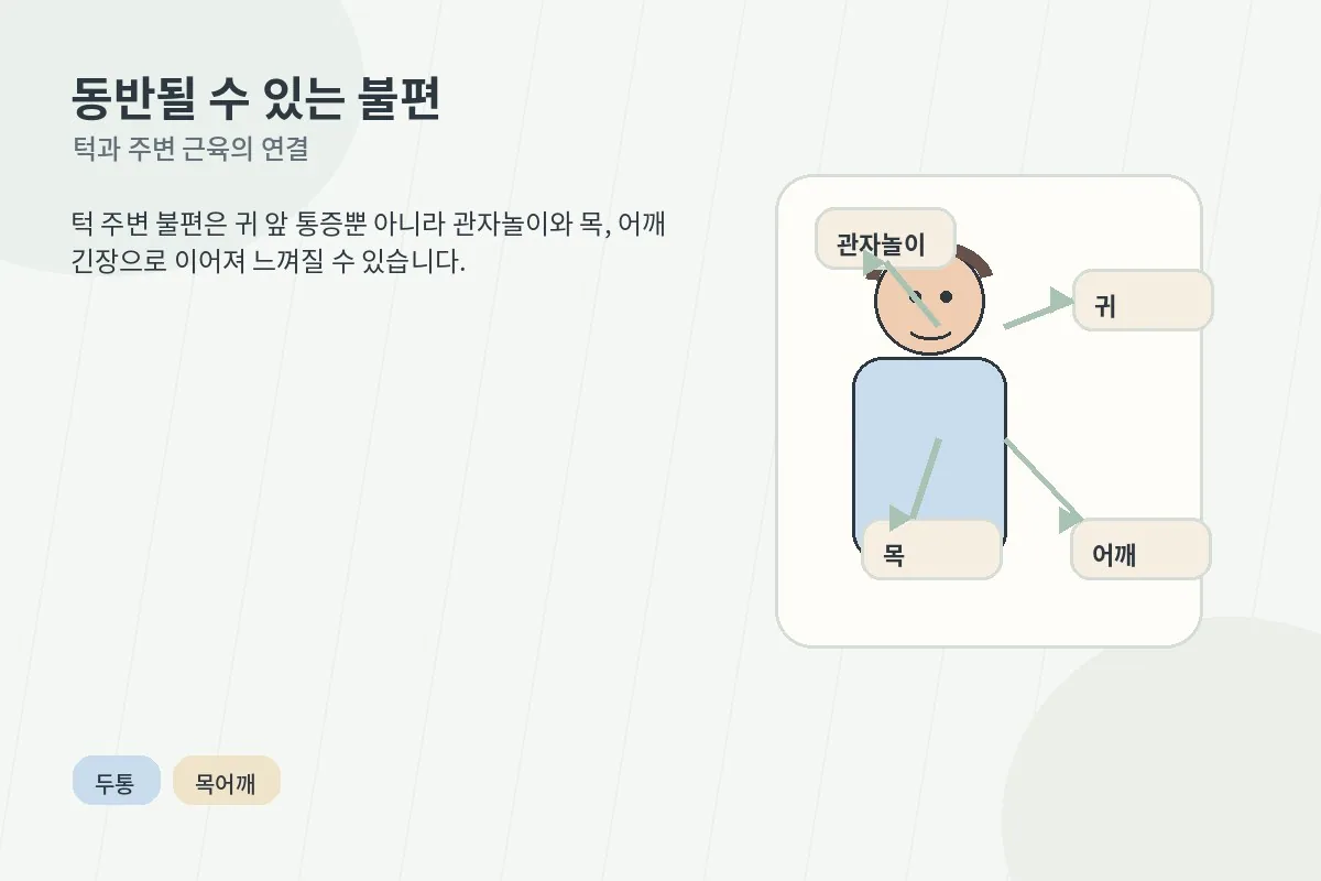 턱 불편과 두통 목 어깨 긴장 연관성을 설명하는 일반 정보 이미지