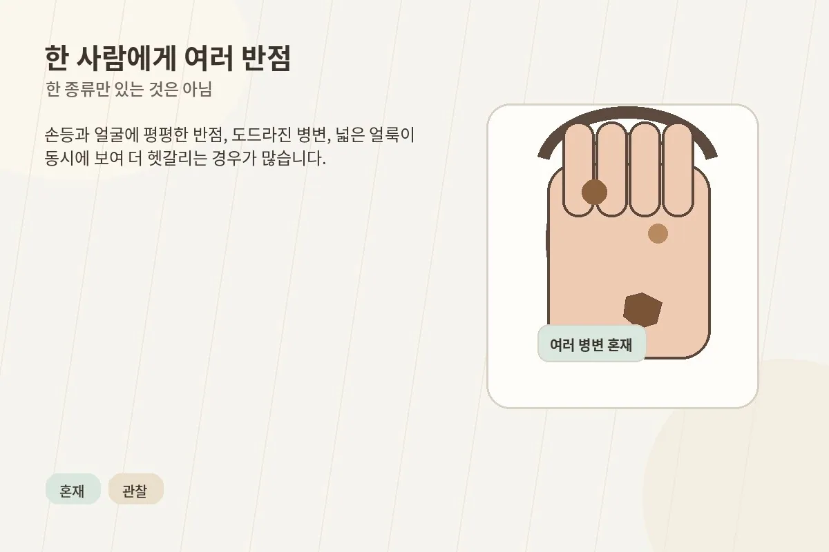 한 사람에게 여러 종류의 갈색 반점이 섞여 보이는 상황 이미지