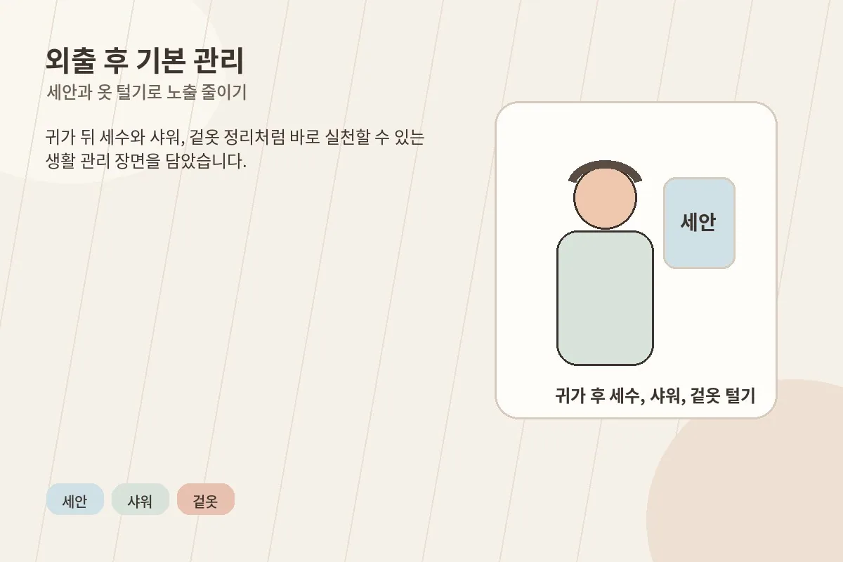 외출 후 세안과 옷 털기처럼 꽃가루 노출을 줄이는 관리 장면