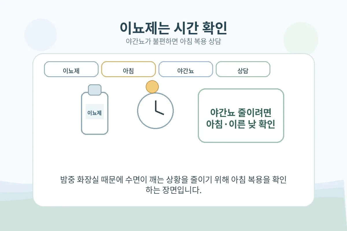 야간뇨를 줄이기 위해 이뇨제 복용 시각을 아침으로 확인하는 안내 이미지