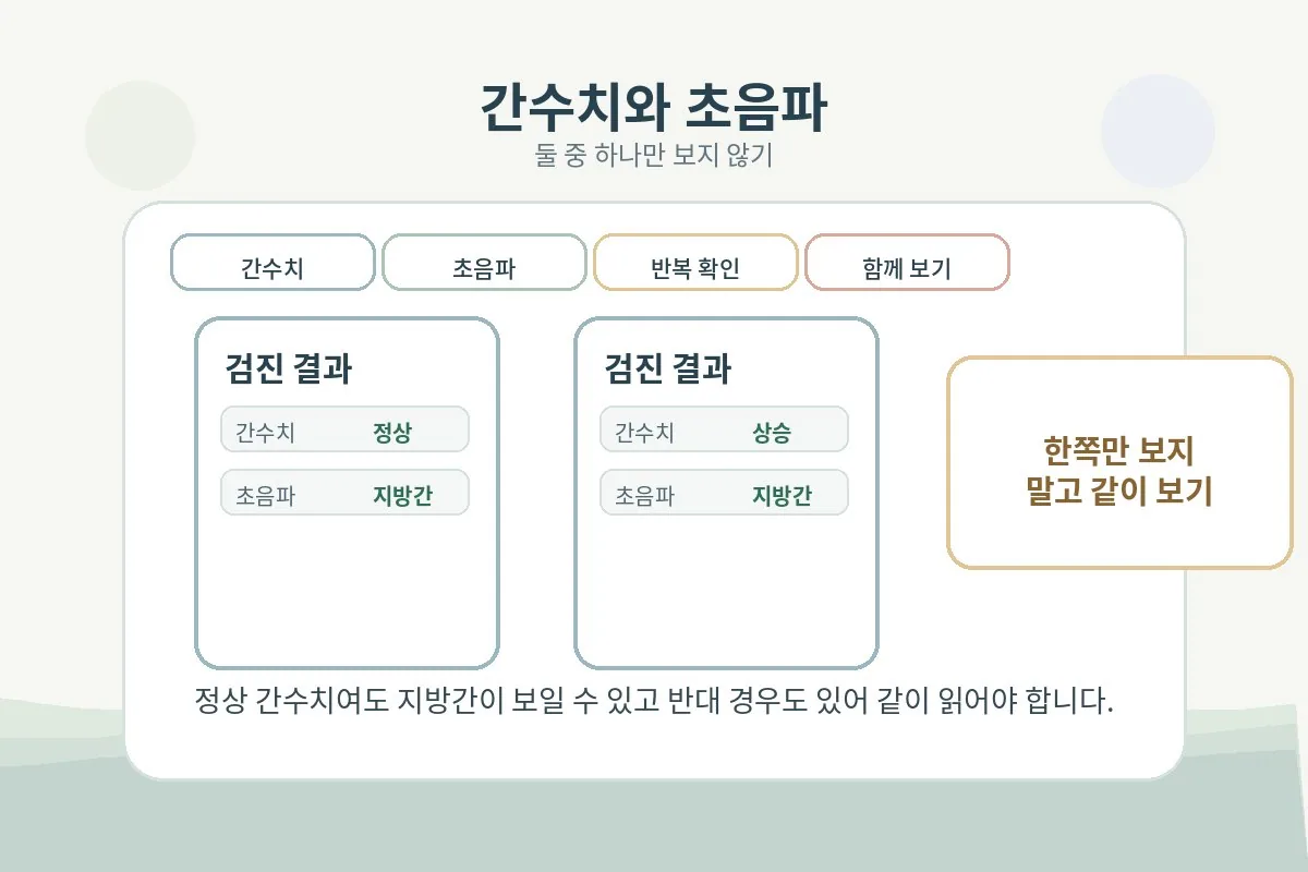 간수치와 복부초음파 결과를 함께 해석하는 두 가지 예시