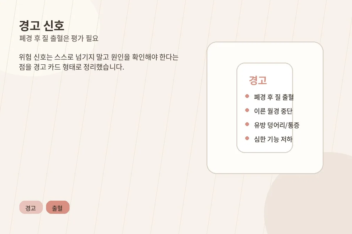폐경 후 질출혈이 경고 신호가 될 수 있음을 설명하는 이미지