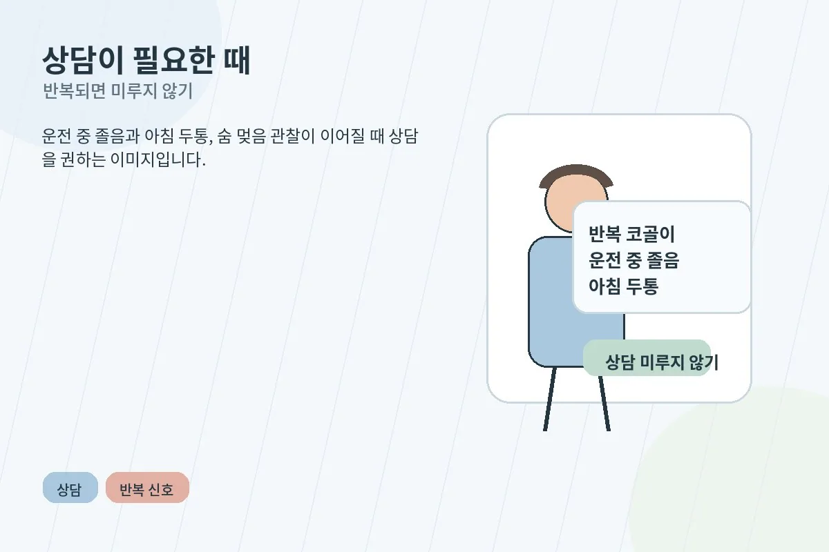 반복되는 코골이와 낮 졸림, 운전 중 졸음이 있을 때 상담이 필요함을 설명하는 안내 이미지