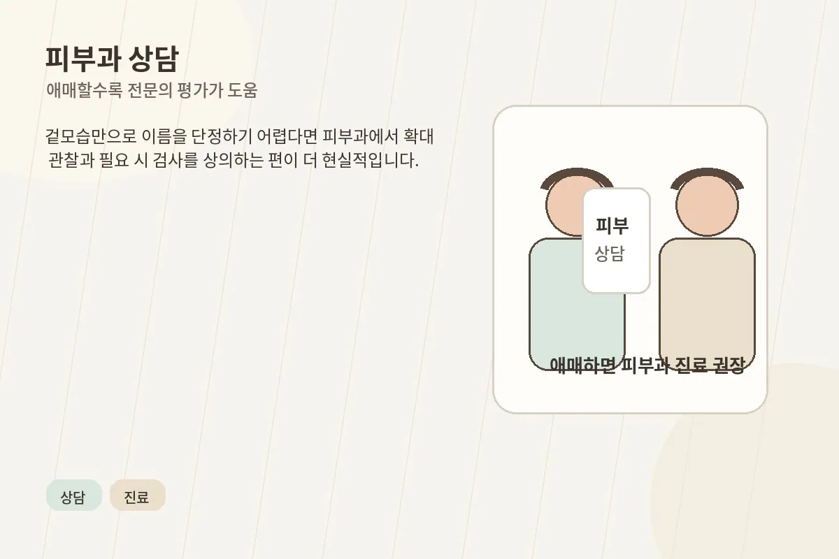 애매한 갈색 반점이 있을 때 피부과 상담이 필요할 수 있음을 설명하는 이미지