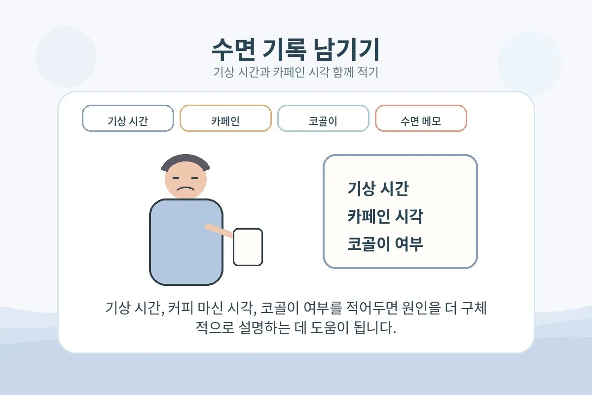 수면 시간표와 카페인, 코골이 여부를 메모하는 장면