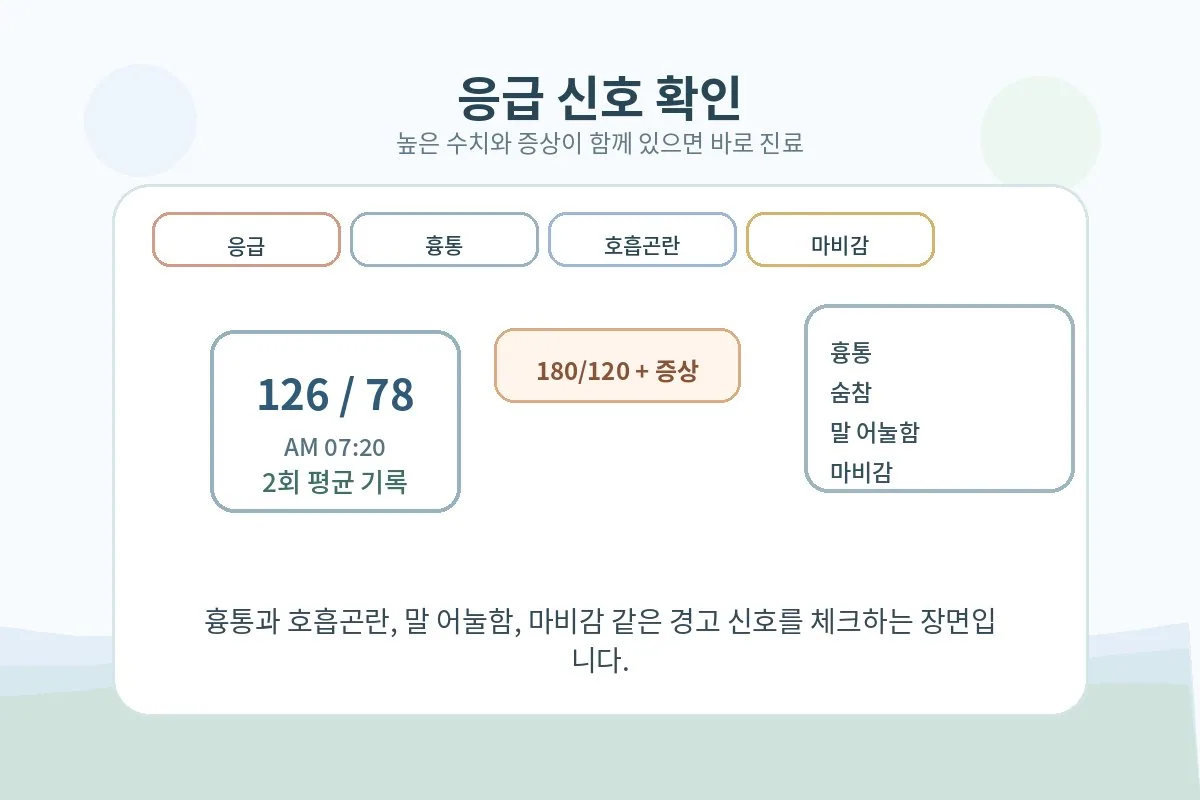 매우 높은 혈압과 흉통 호흡곤란 마비감 같은 응급 신호를 확인하는 안내 이미지