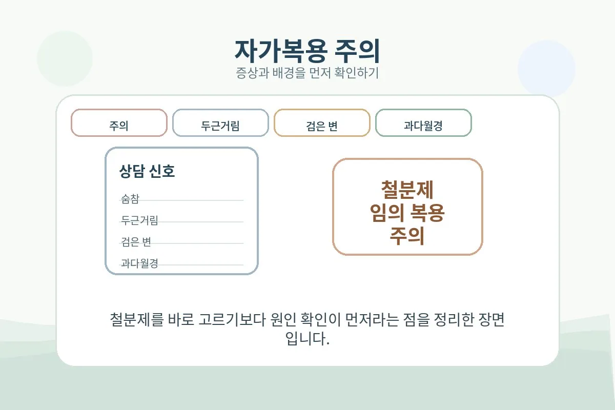 원인 확인 전 철분제를 임의로 복용하지 말아야 한다는 점을 설명하는 장면