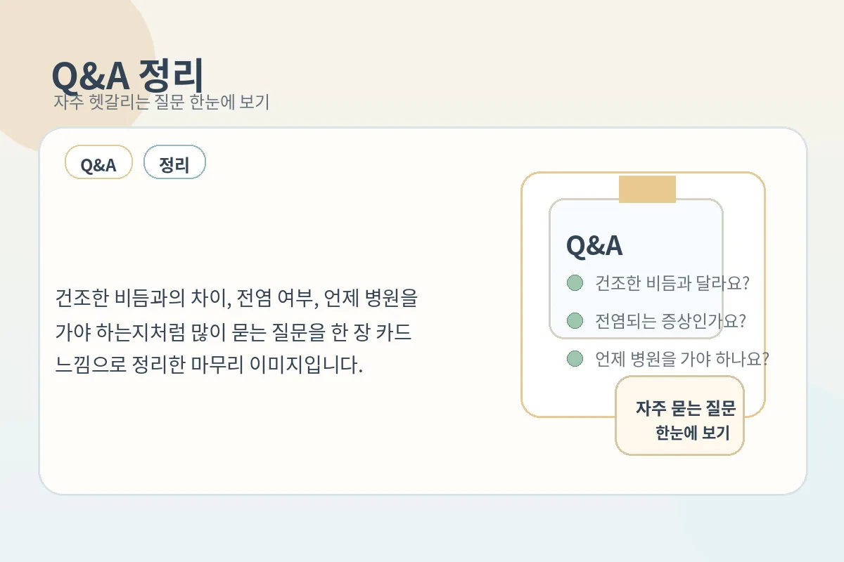 비듬과 두피 염증의 차이, 진료 시점, 생활 속 주의점을 정리한 이미지