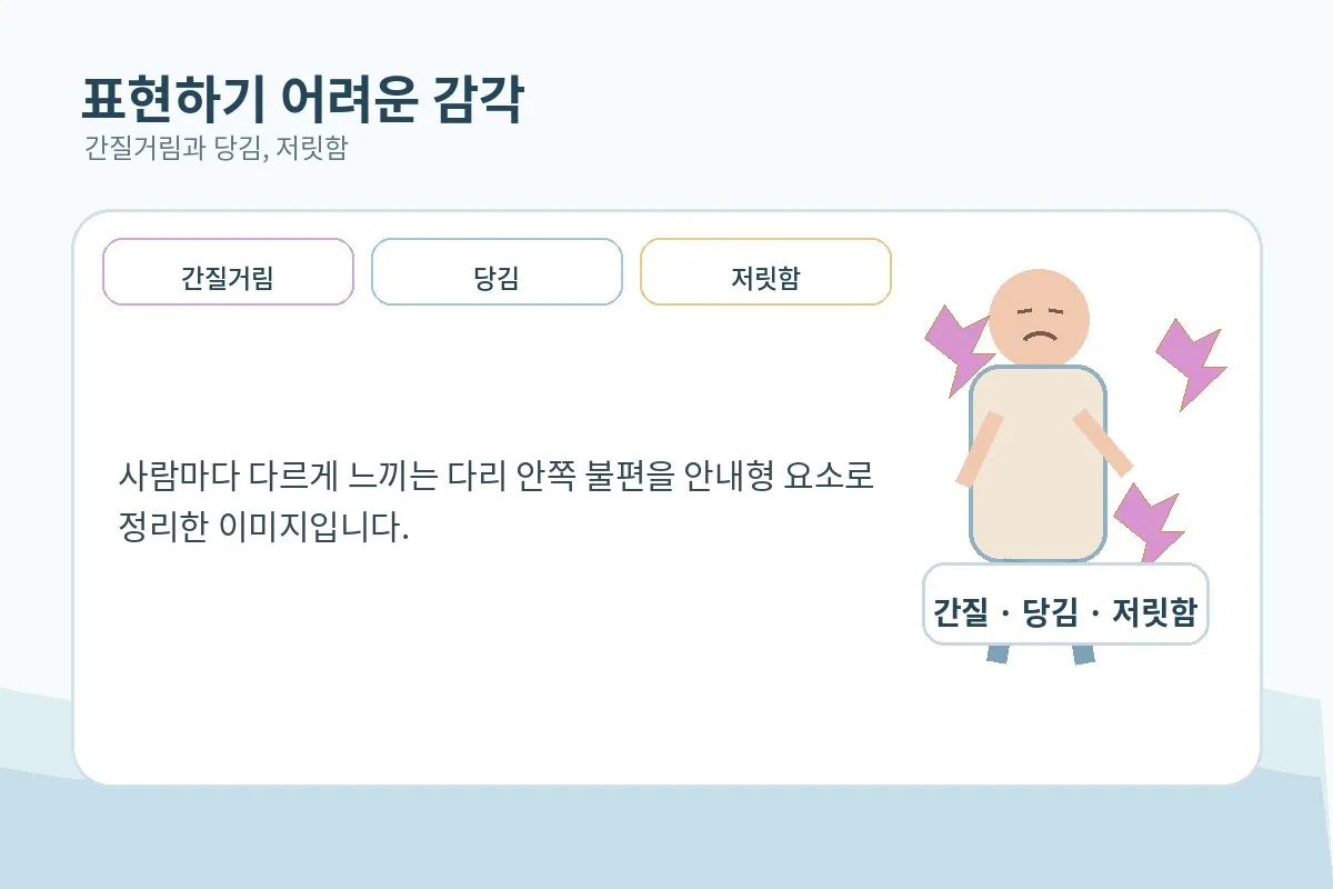 당김과 저릿함, 간질거림 같은 다리 안쪽 불편을 아이콘으로 설명하는 이미지
