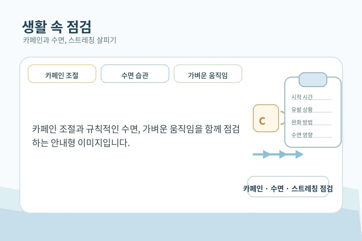 카페인 조절과 가벼운 스트레칭, 규칙적인 수면 습관을 함께 점검하는 이미지