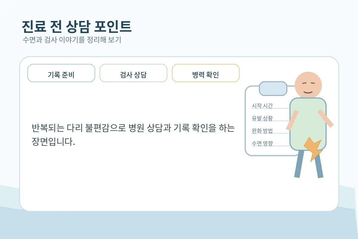 진료실에서 다리 불편감과 철분 관련 검사를 상담하는 차분한 장면