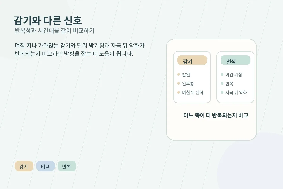 감기와 천식에서 다르게 보일 수 있는 밤기침과 반복성, 콧물과 발열 여부를 비교한 체크포인트 이미지