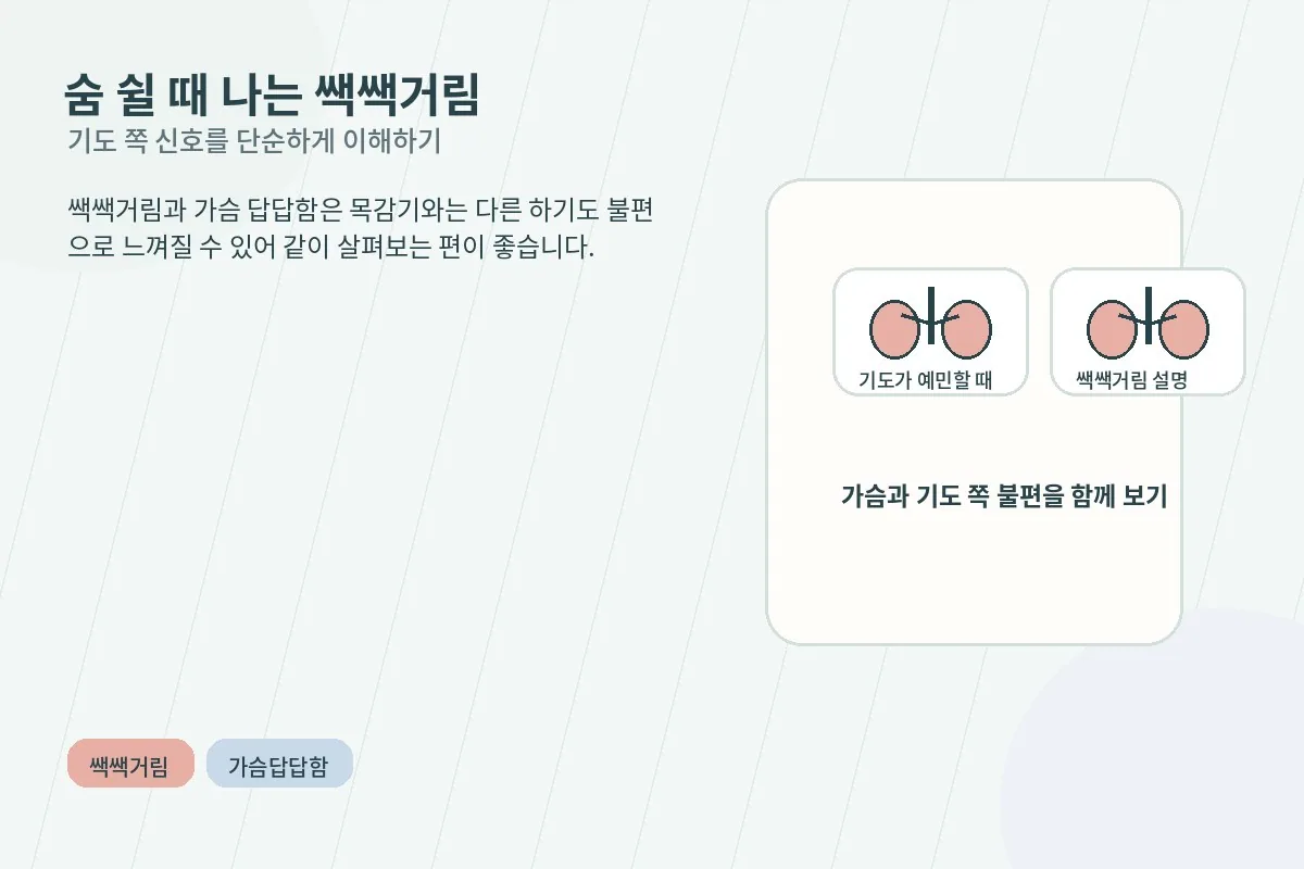 숨을 내쉴 때 좁아진 기도로 공기가 지나가며 쌕쌕거림이 생기는 모습을 설명하는 안내 이미지