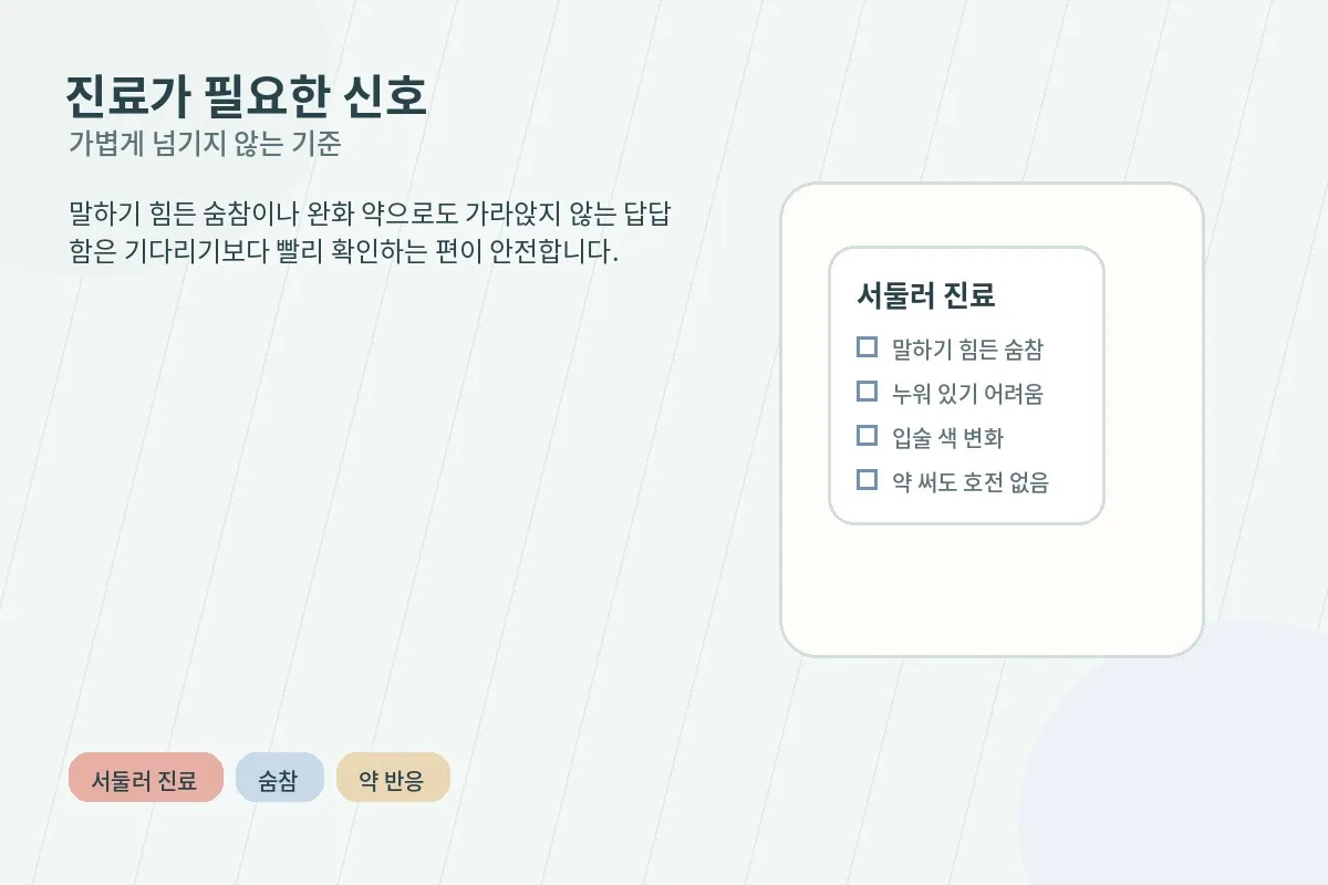 말하기 힘든 숨참과 누워 있기 어려운 답답함 같은 진료 필요 신호를 차분하게 정리한 이미지