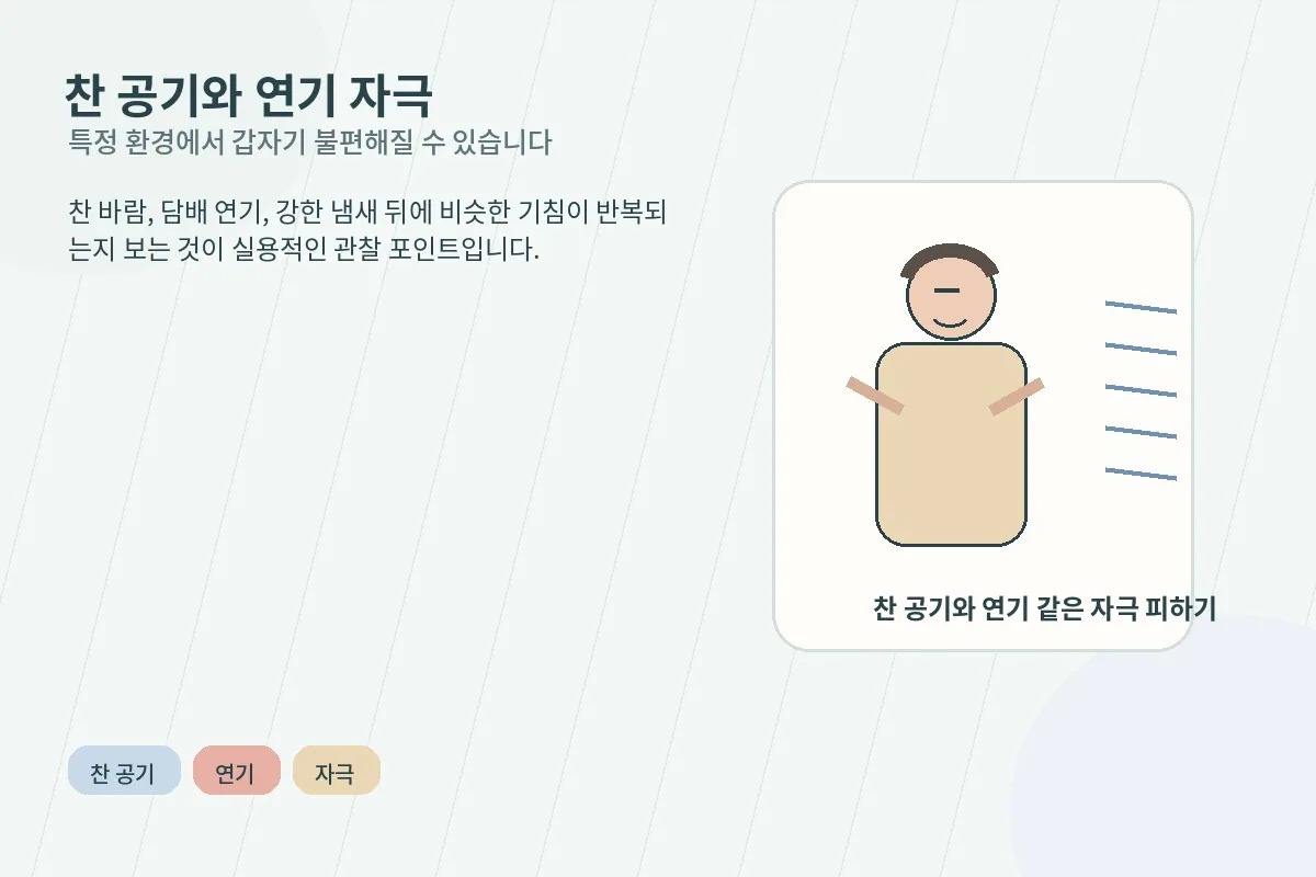 차가운 공기와 연기 같은 자극 뒤에 기침과 답답함이 심해질 수 있음을 보여주는 이미지