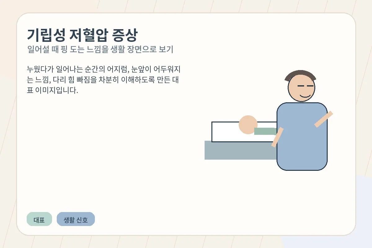 침대에서 일어난 뒤 어지러움을 느끼는 성인의 일상 장면