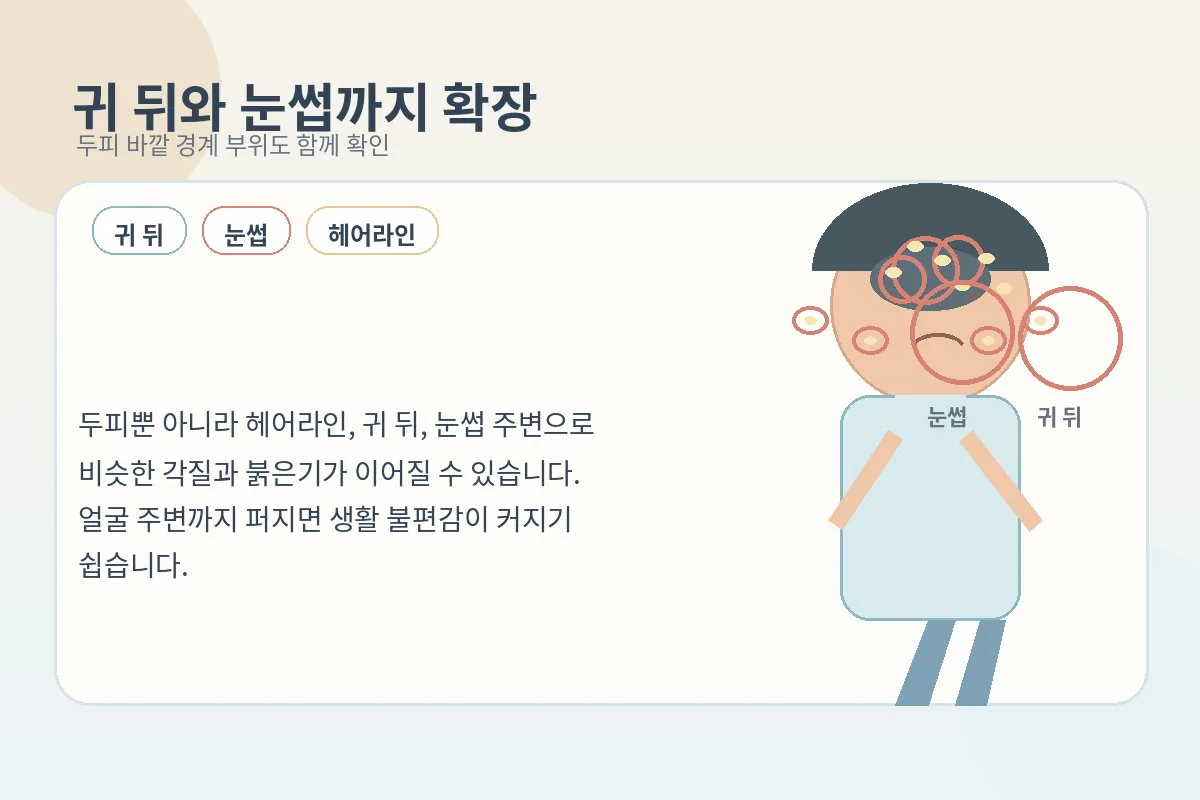 귀 뒤와 눈썹 주변까지 각질과 붉은기가 이어지는 모습을 설명하는 이미지