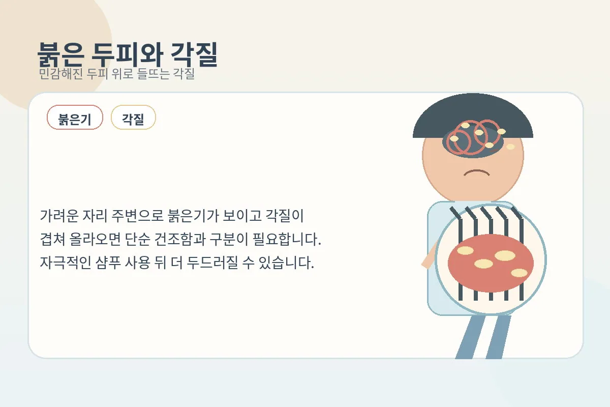 붉어진 두피와 들뜬 각질을 보여주는 안내 이미지