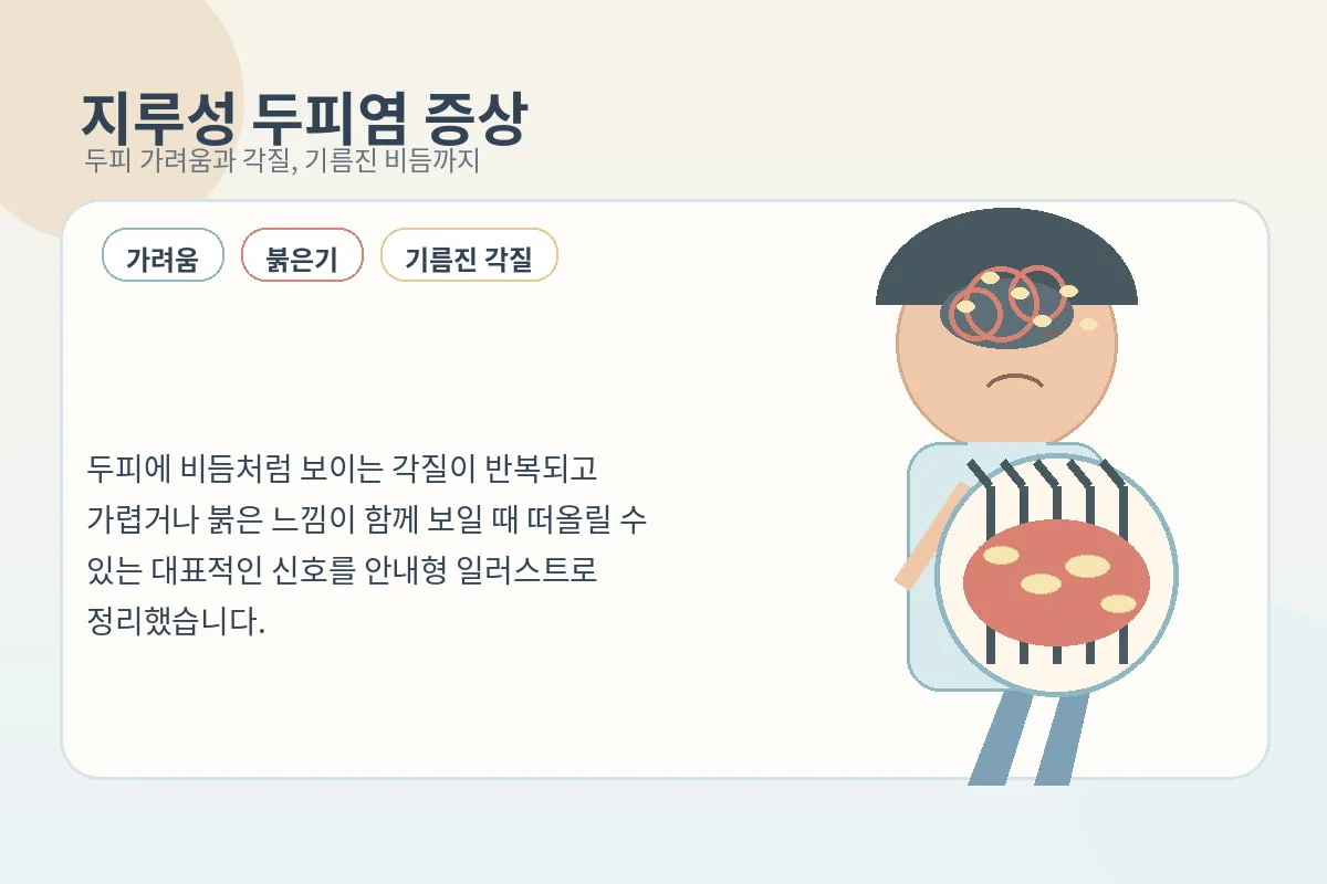 비듬처럼 보이는 각질과 가려움이 반복되는 두피 상태를 설명하는 대표 이미지