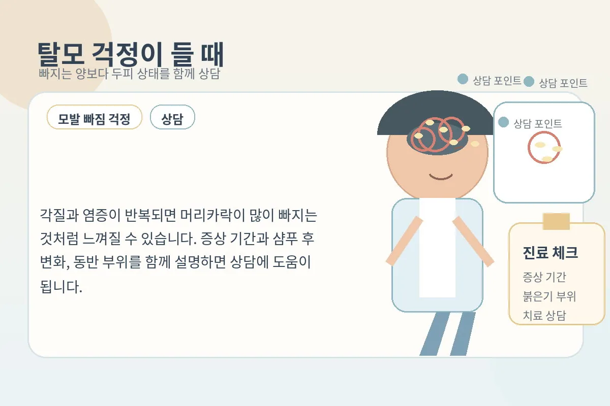 두피 염증과 머리숱 변화를 두고 상담하는 장면