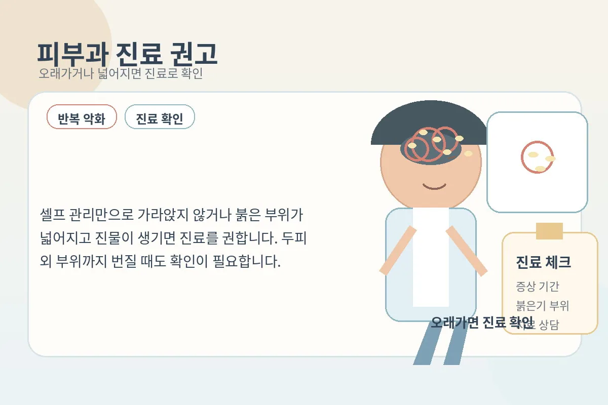오래가거나 넓어지는 두피 염증으로 피부과 상담을 권하는 안내 이미지