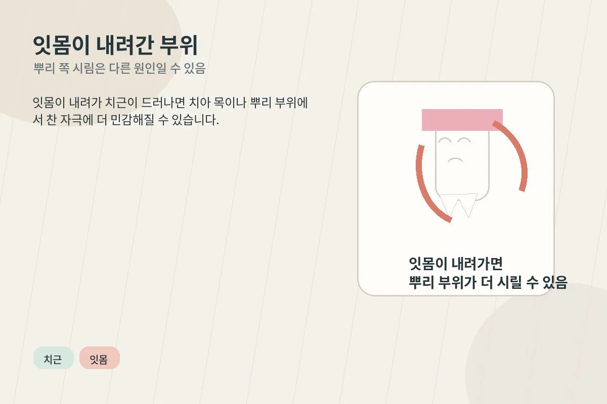 잇몸이 내려가 치근 부위가 드러나며 시림이 생길 수 있는 상황을 설명하는 이미지