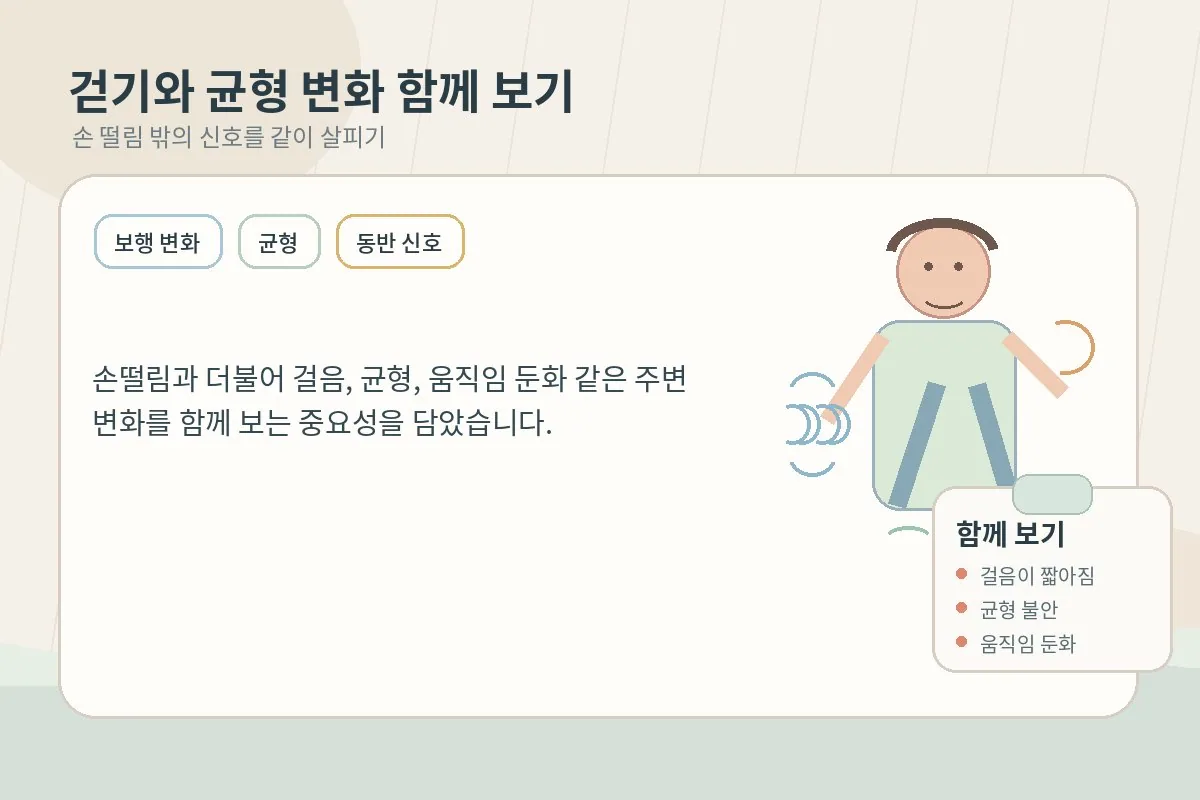 손 떨림과 함께 걷기와 균형 변화를 살피는 장면을 설명하는 이미지