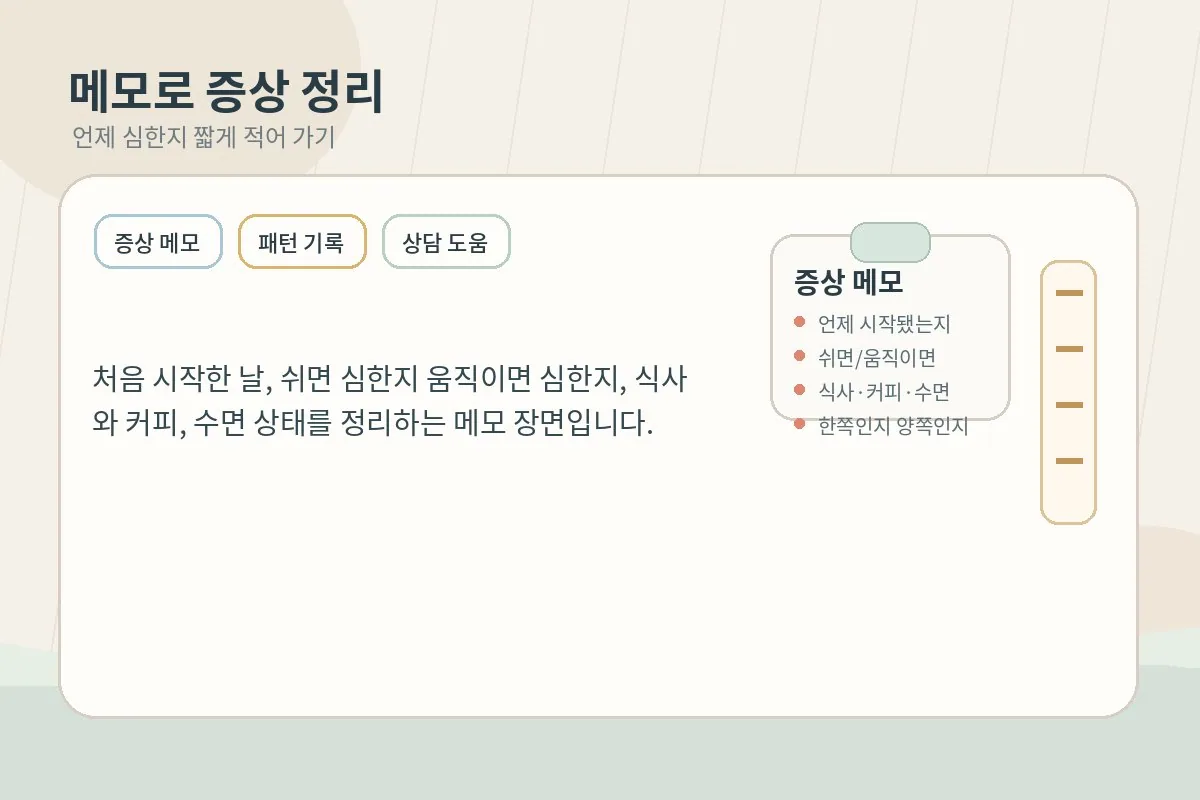 손 떨림의 패턴을 메모로 정리하는 장면을 설명하는 이미지