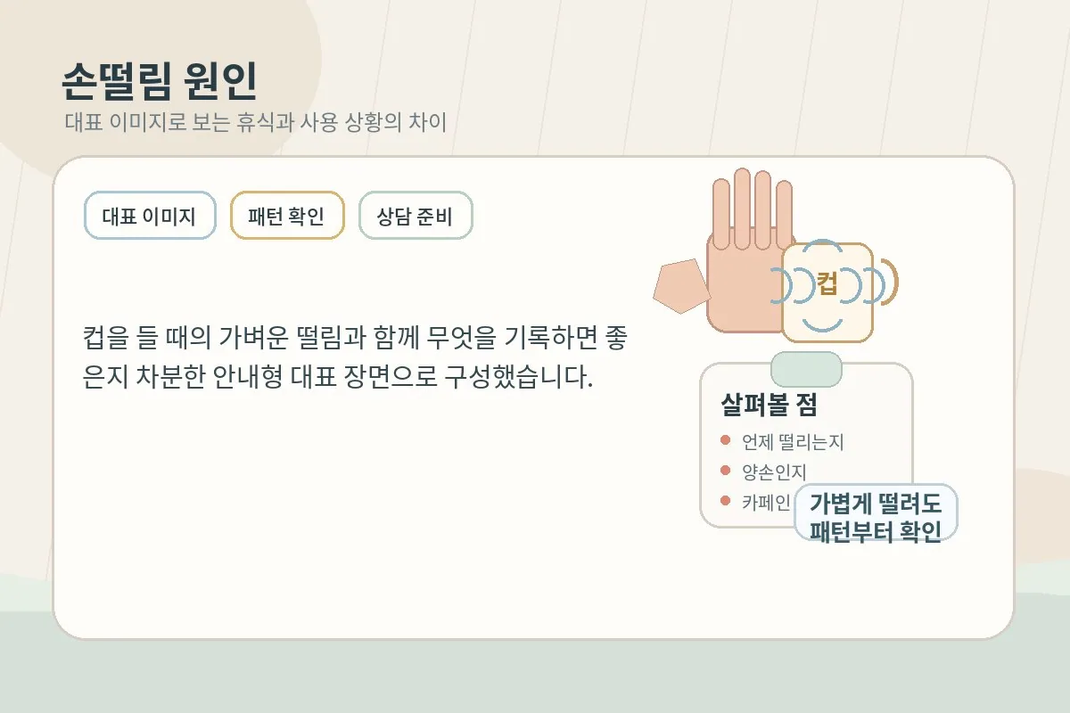 컵을 든 손이 가볍게 떨리는 상황과 손 떨림을 살피는 장면을 설명하는 대표 이미지