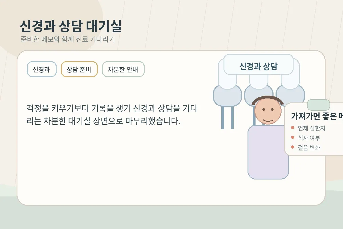 손 떨림 상담을 위해 진료를 기다리는 장면을 설명하는 이미지