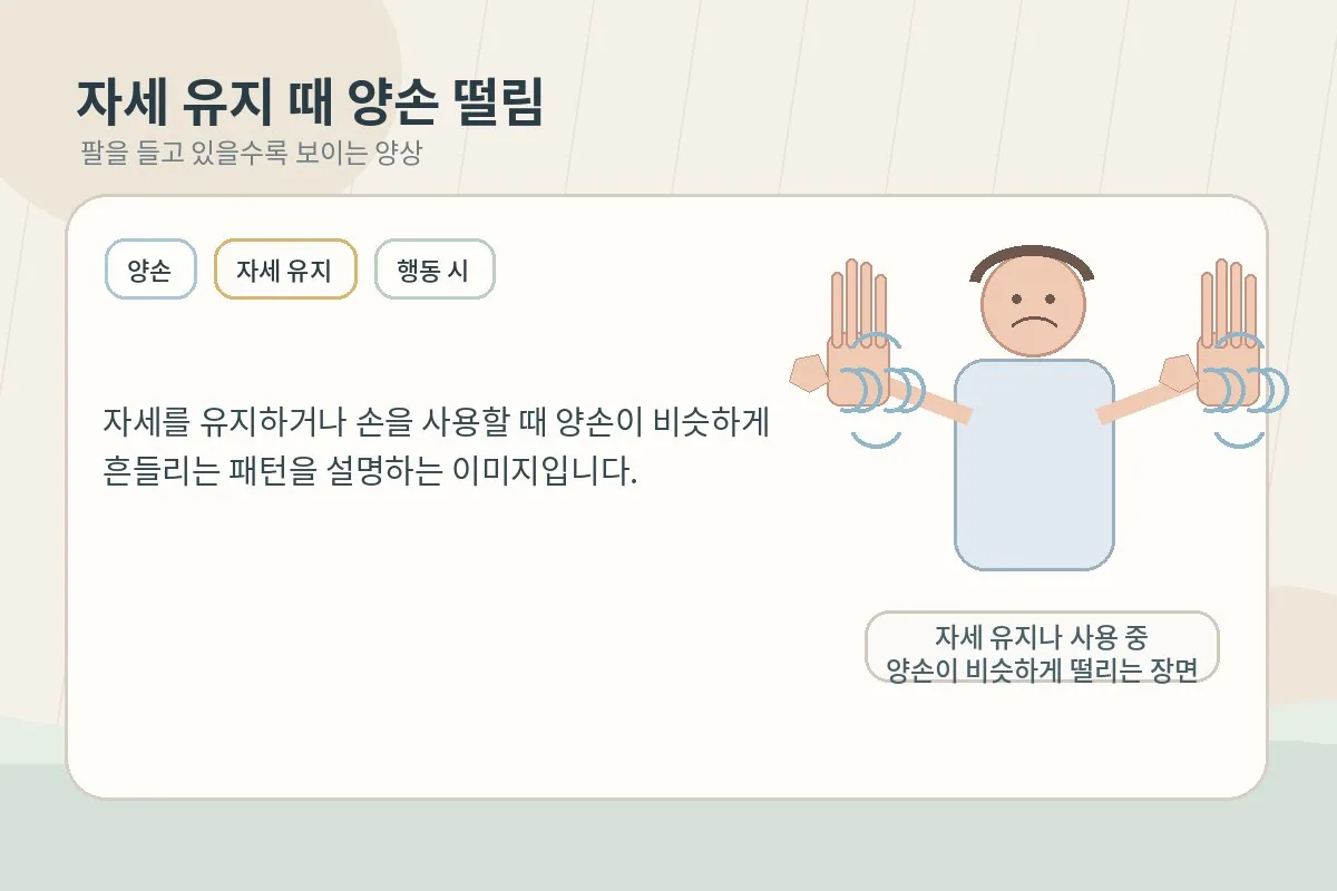 자세를 유지하거나 손을 쓸 때 양손 떨림이 나타나는 장면을 설명하는 이미지
