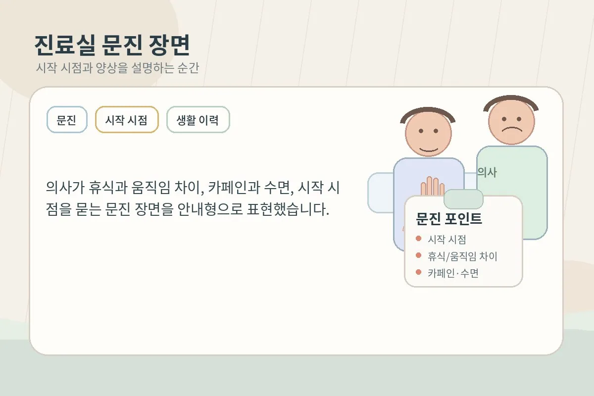 진료실에서 손 떨림의 시작 시점과 양상을 문진하는 장면을 설명하는 이미지