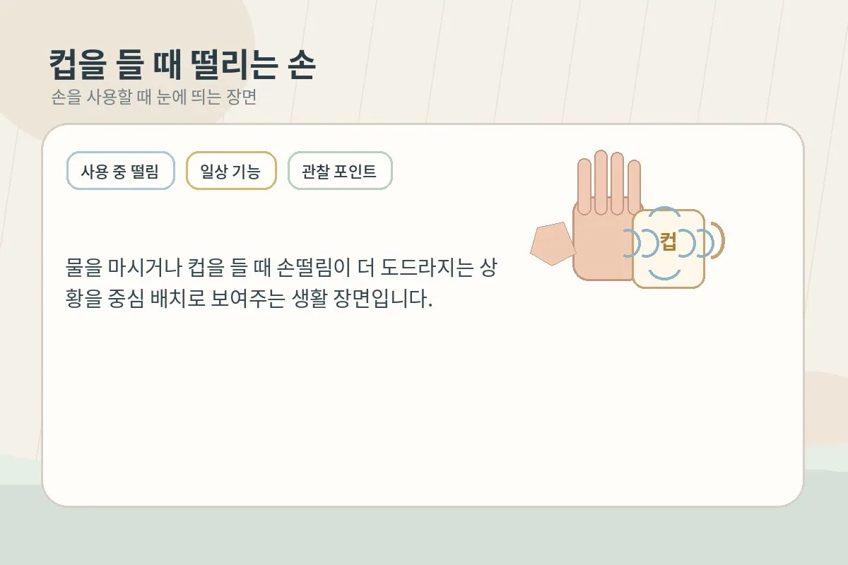 컵을 들어 올릴 때 손이 떨리는 순간을 설명하는 이미지