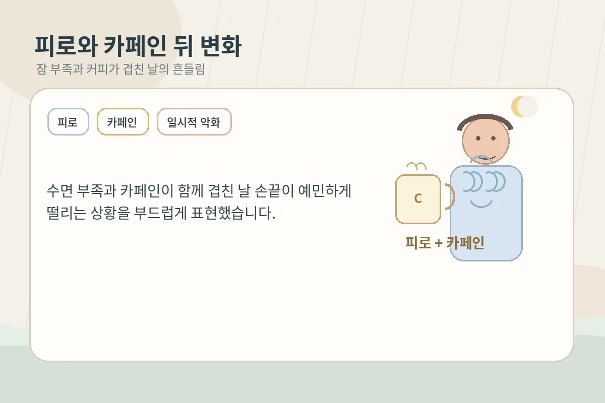 피로와 카페인 뒤에 손 떨림이 심해질 수 있음을 보여주는 이미지