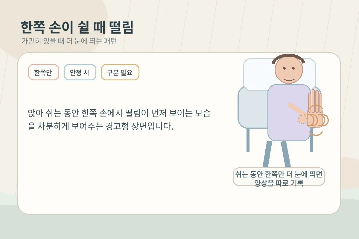 한쪽 손이 쉬는 동안 떨리는 모습을 설명하는 이미지