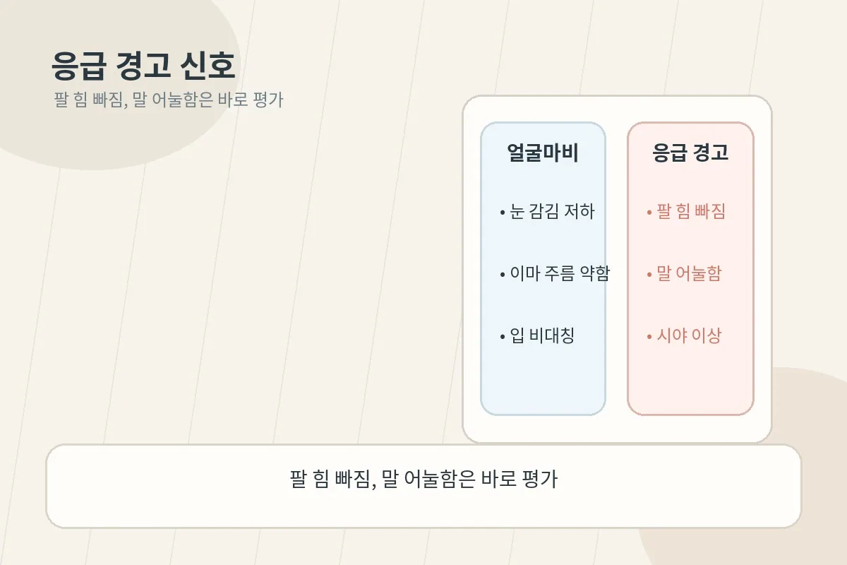 얼굴마비와 함께 보면 안 되는 응급 경고 신호를 비교한 인포그래픽