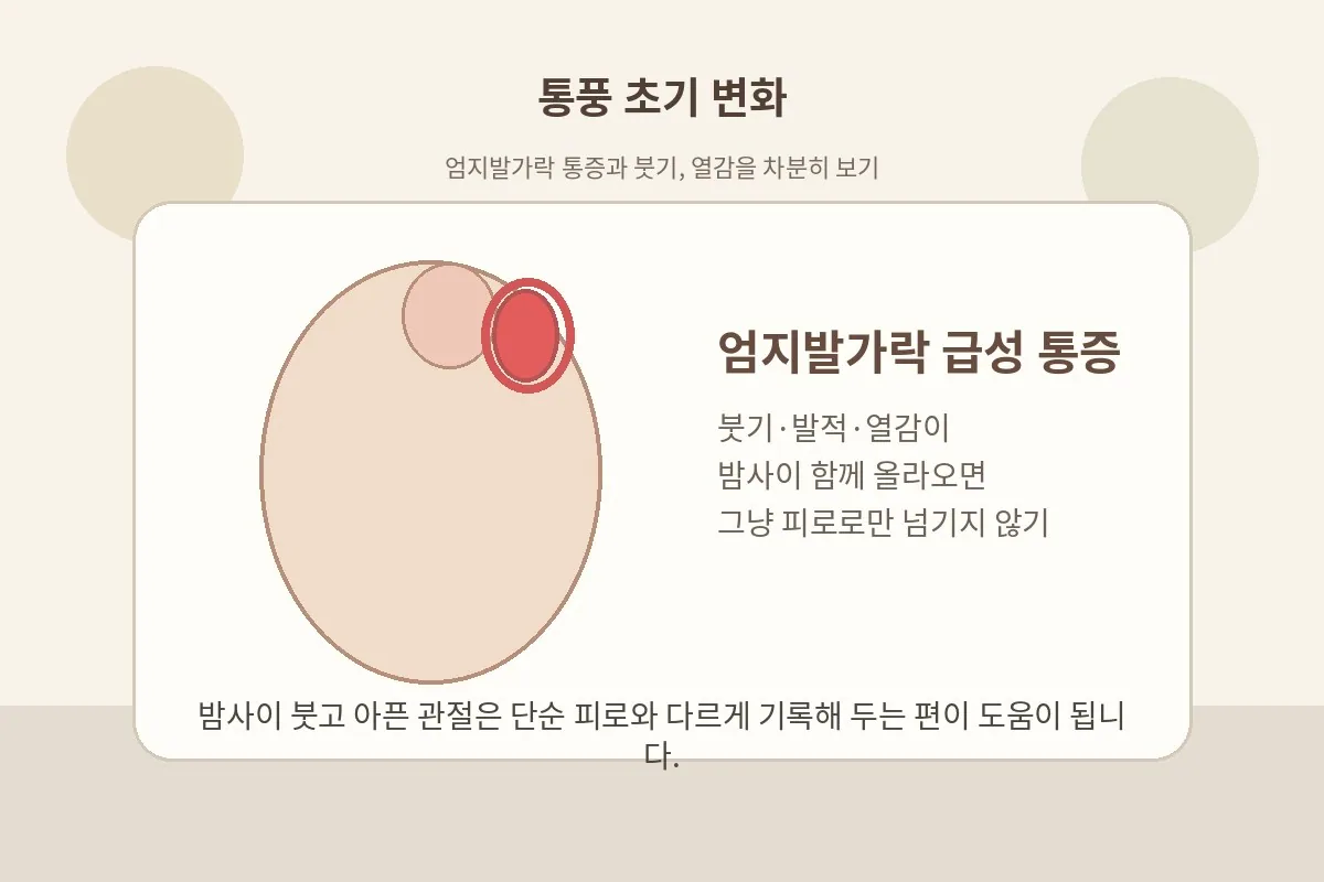 엄지발가락 관절 통증과 붓기, 열감을 차분하게 설명하는 대표 이미지